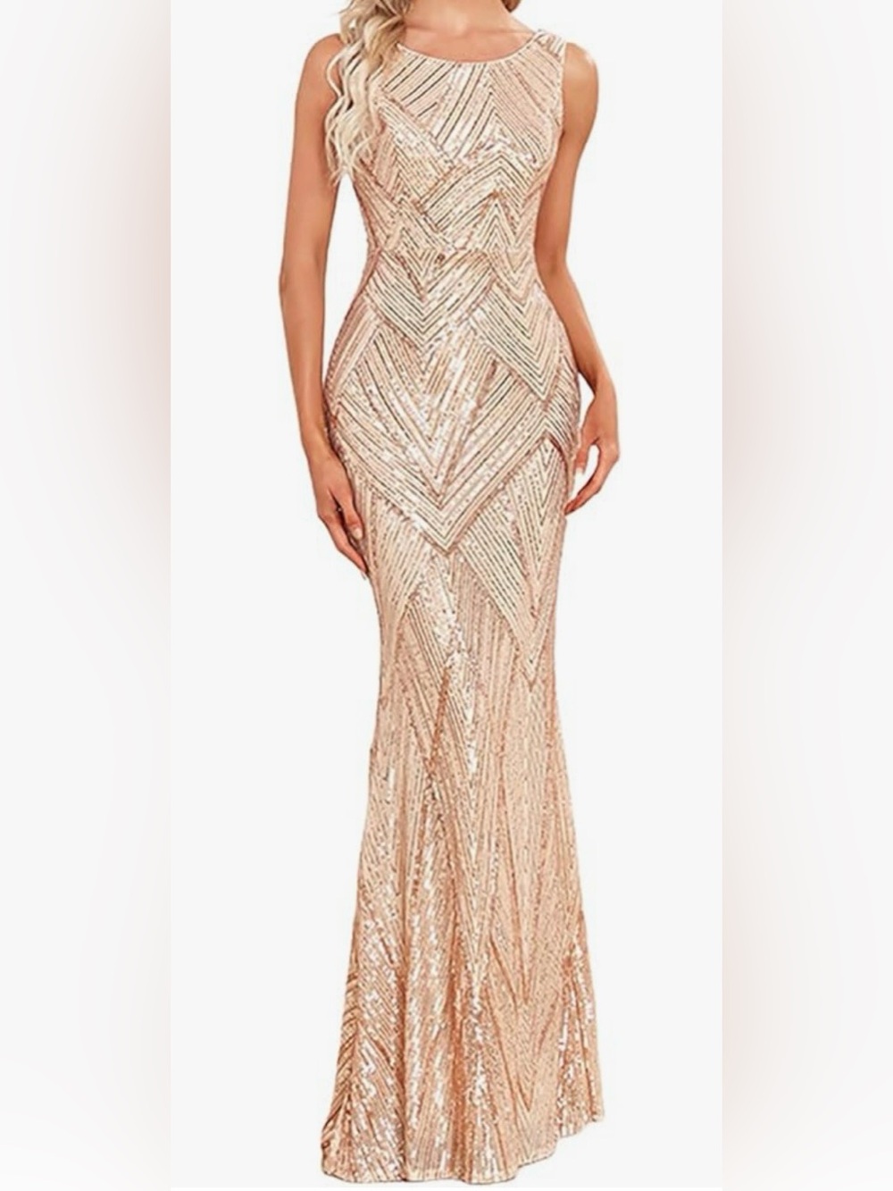 Sequin Geometric Mermaid Evening Gown in Blush Gold